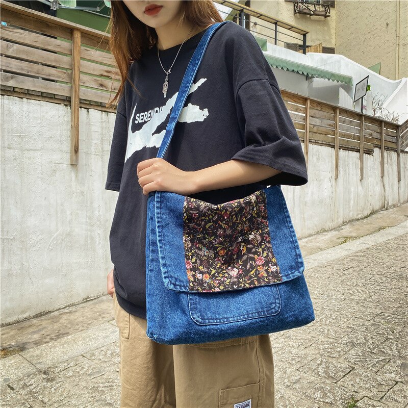 Bloemen Vintage Denim Schoudertassen Vrouwen Eenvoudige Jeans Blauwe Handtas Grote Capaciteit Mode Vrouwen Tote Messenger Boodschappentas