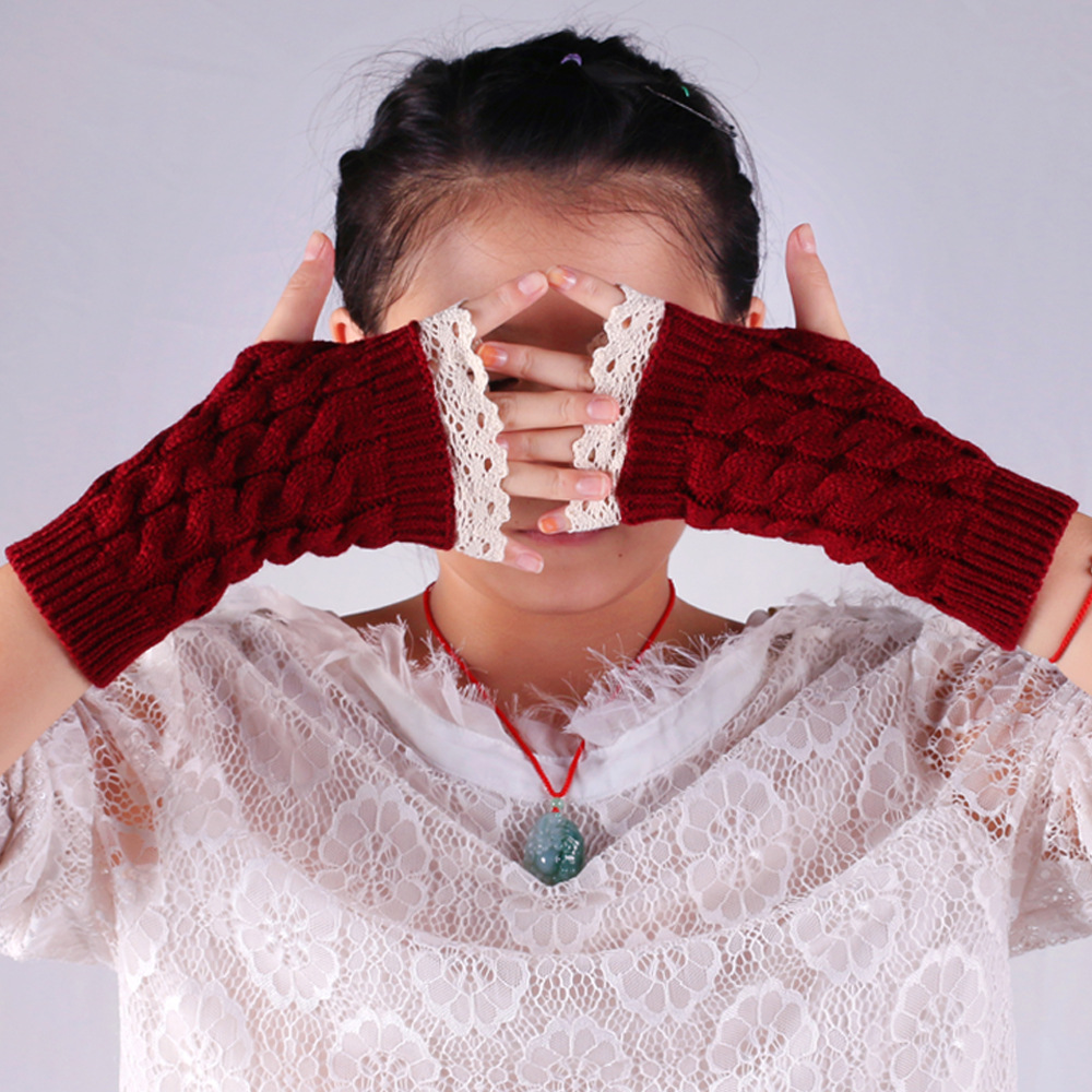 Manchons en laine pour femmes, protège-poignets allongés en dentelle, couleur unie, tricot , gants chauffe-bras, demi-doigt, hiver