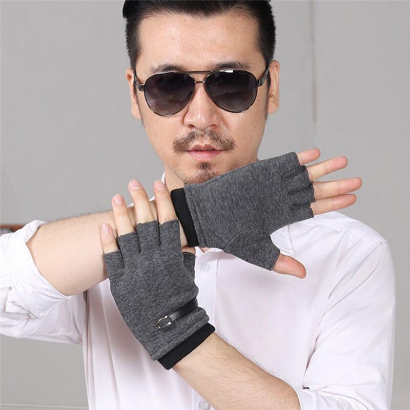 Guantes sin dedos para hombre, manoplas de cuero de ante para conducir, negro y gris, medio dedo, elásticos, para exteriores, para invierno