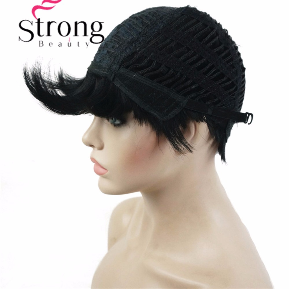 Peluca corta StrongBeauty, pelucas totalmente sintéticas asimétricas de explosión lateral, opciones de color negro y rojo