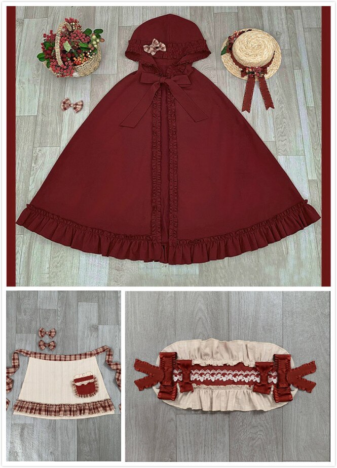 Japanse Harajuku Zoete Lolita Op Jurk Girly Leuke Berry Bos Strik Prinses Jurk Vrouwen Rode Hooded Mantel Tea Party Jurken: Cape Apron Headband / S