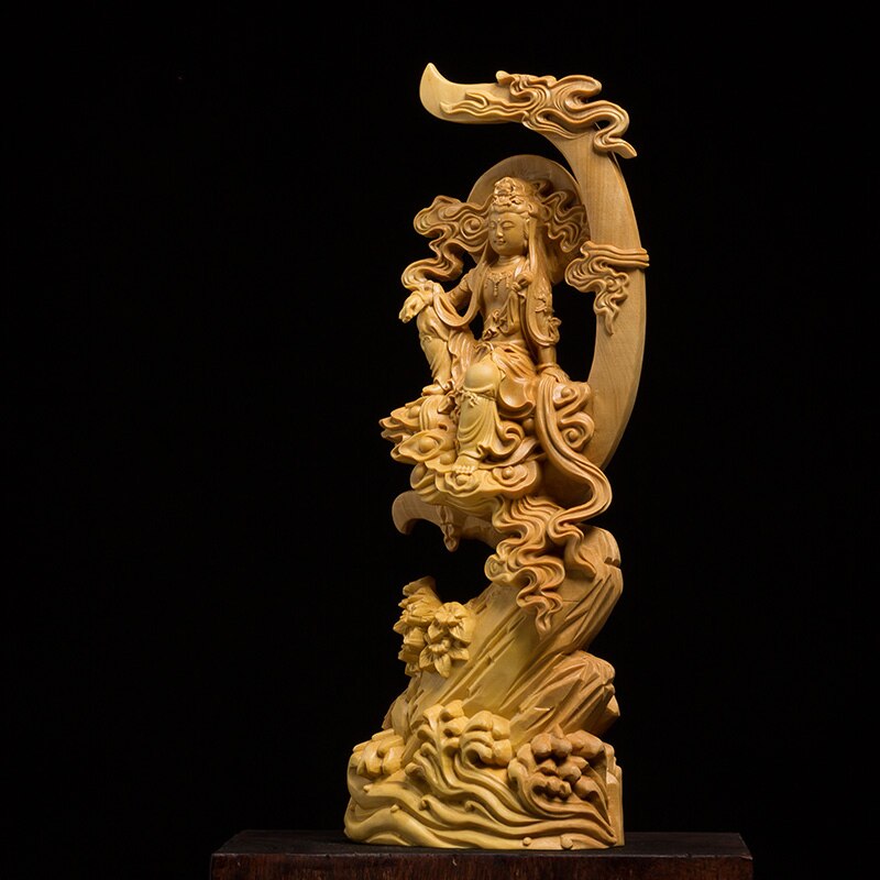 Holz geschnitzt sonne und mond Guanyin Statue Moderne kunst skulptur Chinesischen Guanyin Bodhisattva Hause wohnzimmer dekoration Statue