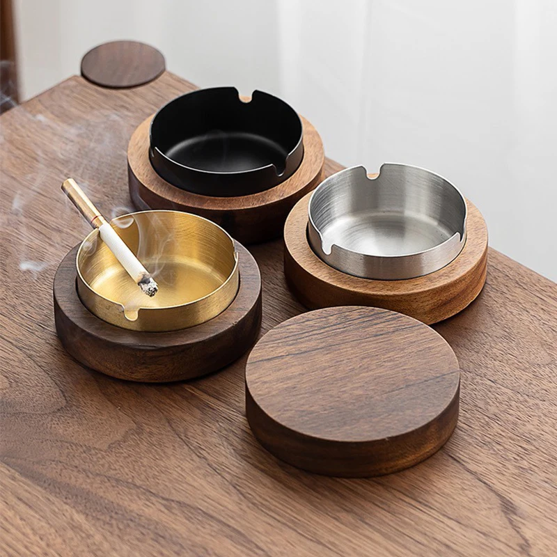 Houten asbak met deksel, roestvrijstalen binnenkant, winddicht, duurzaam, gemakkelijk schoon te maken, voor terras, kantoor, thuis, sigarenhouder