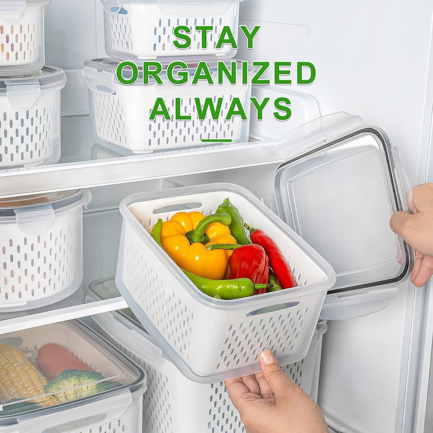 Fruit Storage Containers for Fridge with Removable Colander, Airtight Food Storage Container, Dishwasher Safe Produce Saver Cont