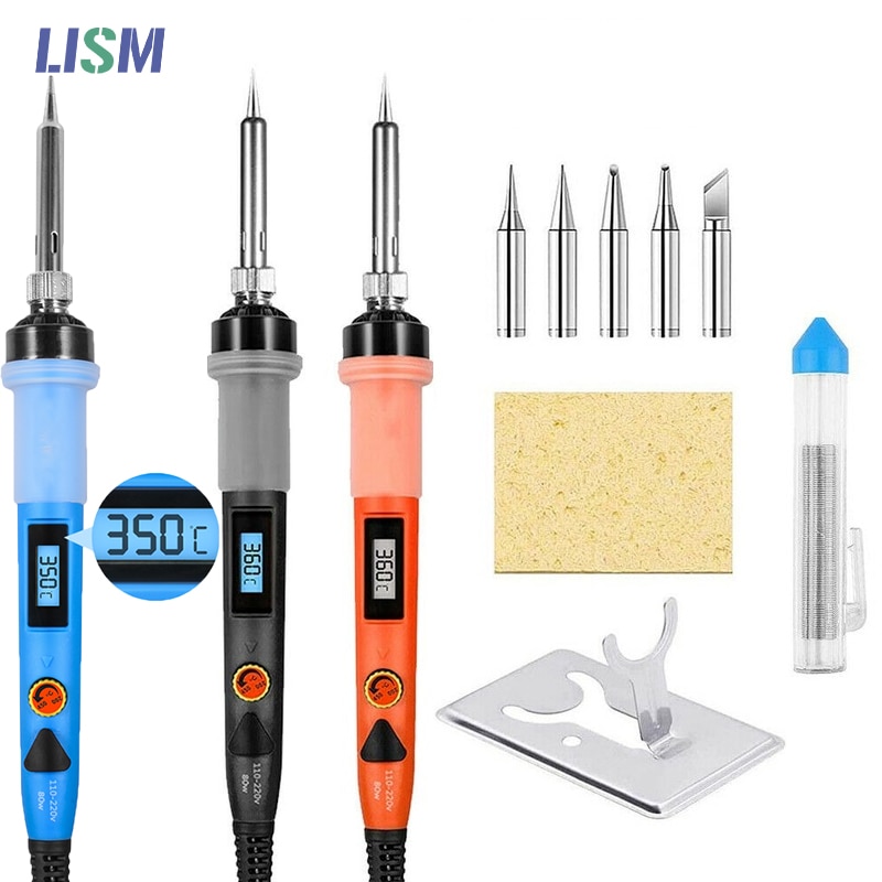 80W Digital Electric Soldering Iron Kit Set Temperature Adjustable 220V 110V Welding Tool Ceramic Heater Soldering Tips Rework
