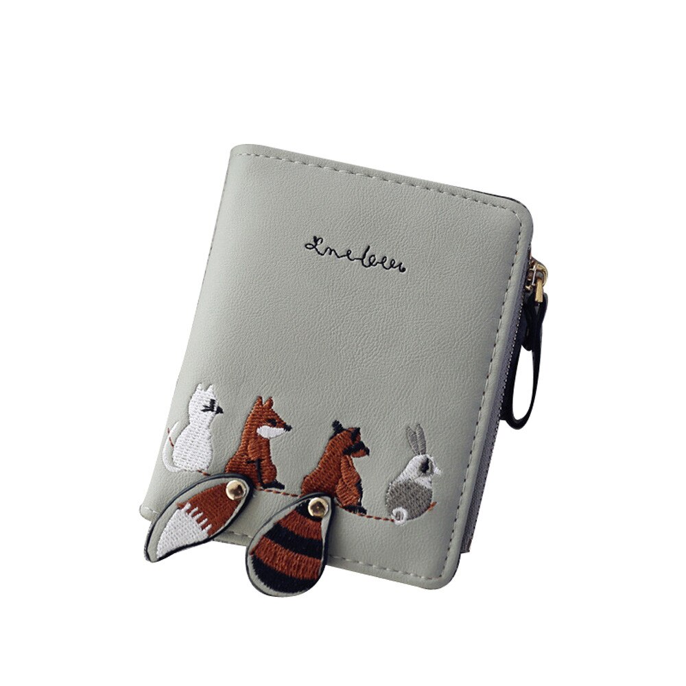 Women Wallet Lovely Cartoon Animals Short Leather Female Small Coin Purse Hasp Zipper Purse Card Holder For Girls #5: Gray