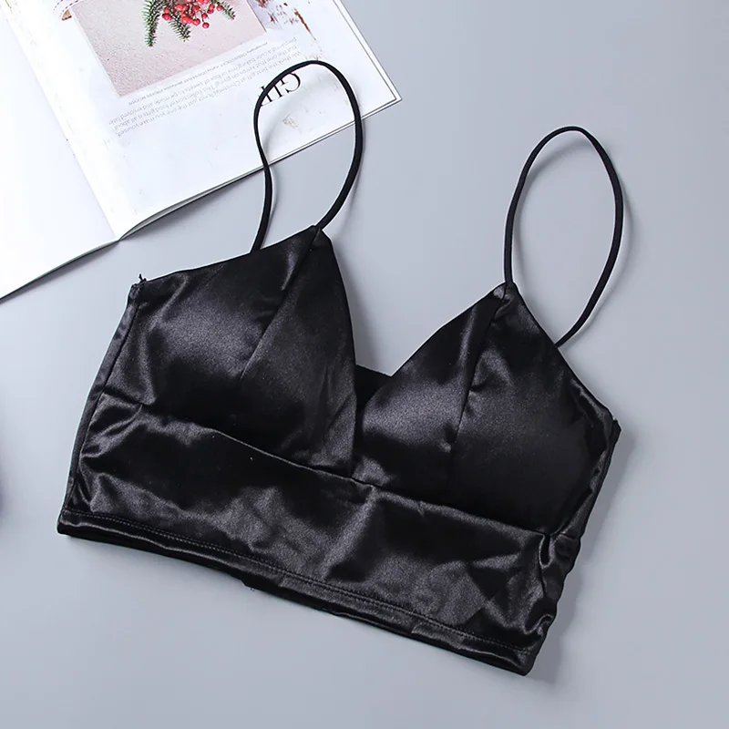 Sexy Satijnen Crop Tops Vrouwen Draadloze Bralette Gehaakte Top Vrouwelijke Spaghetti Band T-shirt Cropped Met Borst Padded Hemdje: Black