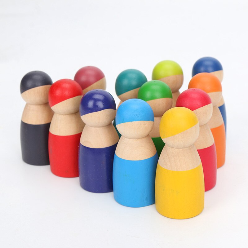 13 pièces/ensemble Montessori jouets en bois arc-en-ciel blocs amis Peg poupées corps bébé semblant jouer personnes FiguresRainbow empileur