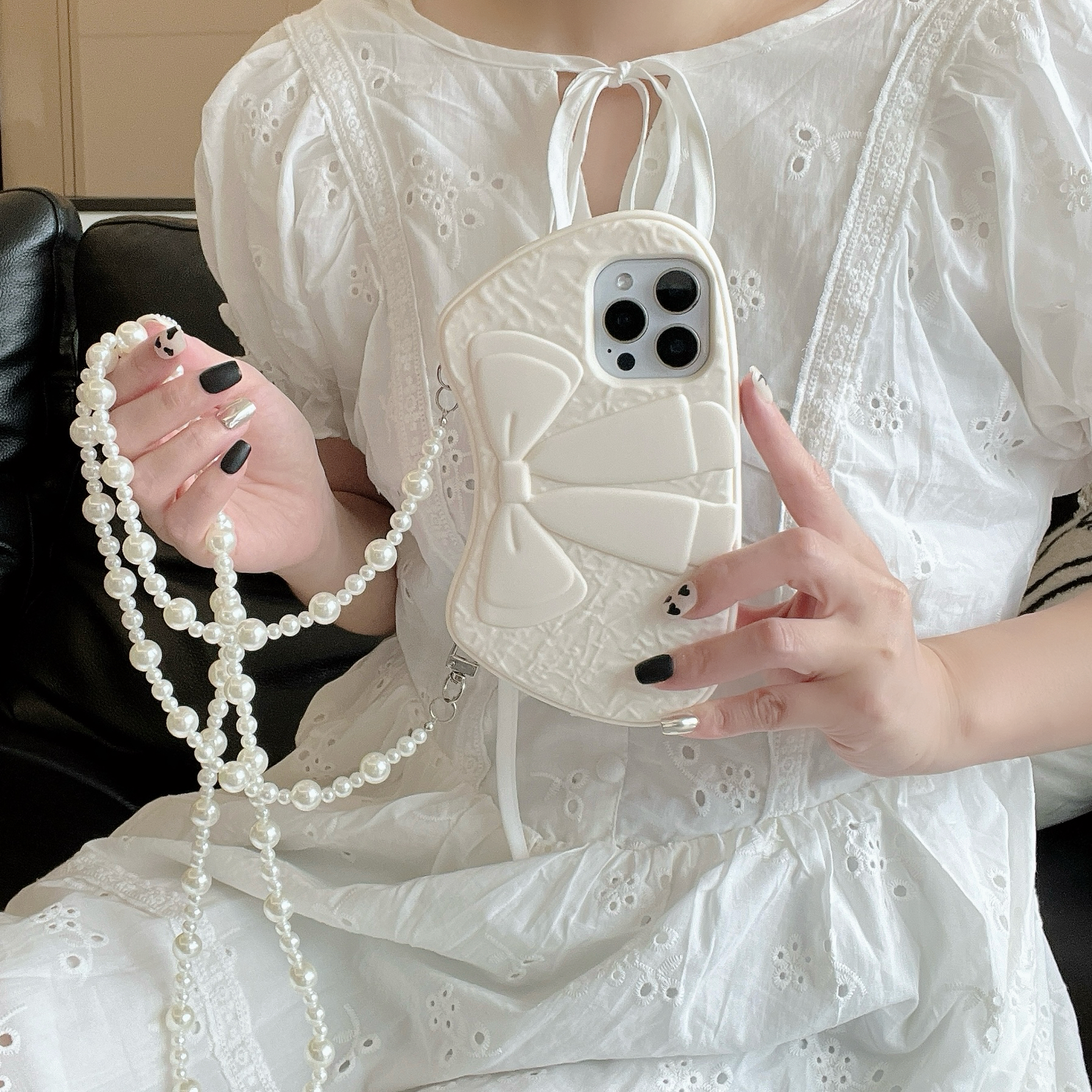 3D White Big Bowknot Soft Silicone Phone Case for iPhone 12/13/14/15/16 pro Max Protect Back Cover, Long Crossbody Pearl Lanyard: iPhone 12 Pro Max