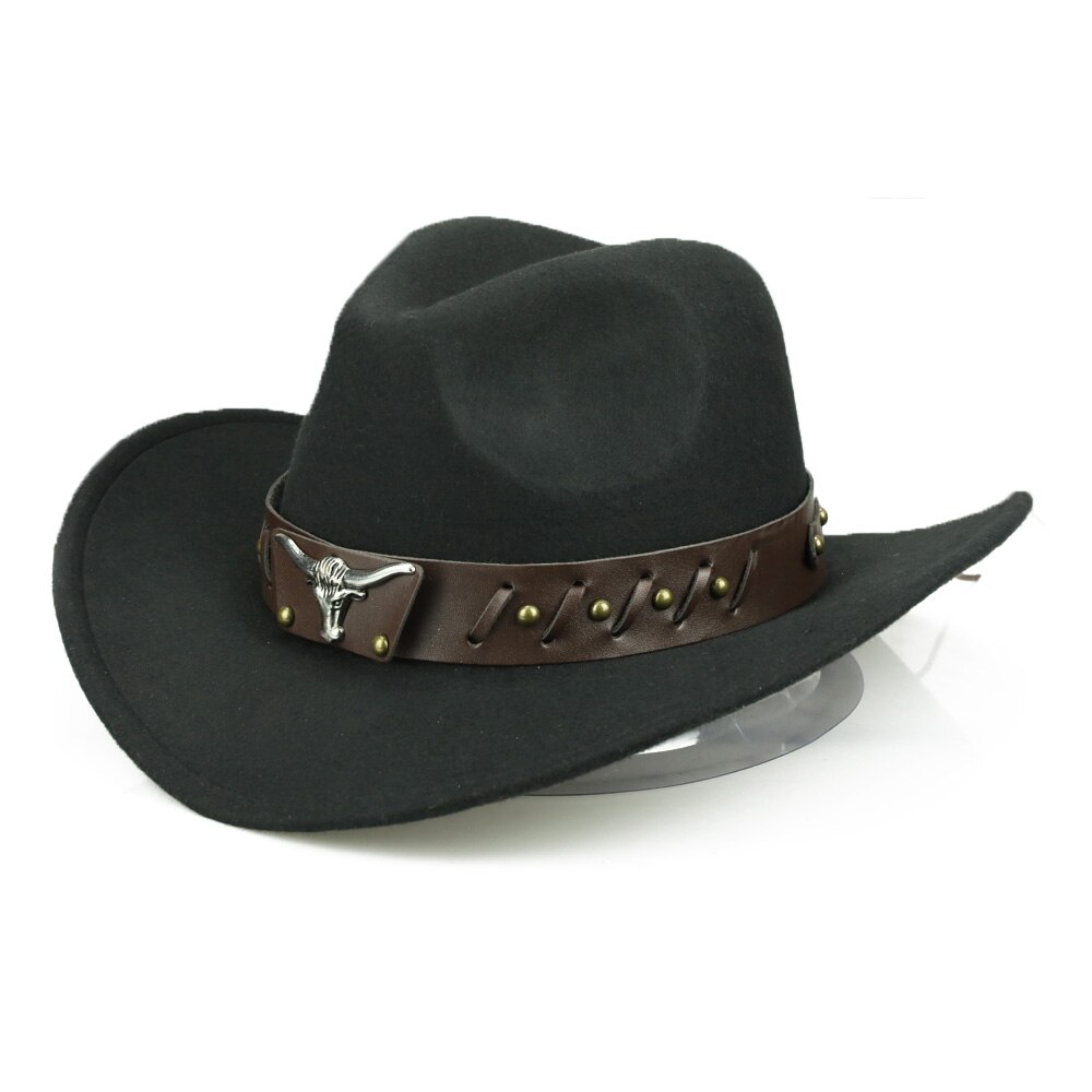 YY-casquette taureau à ceinture en cuir pour hommes et femmes, chapeau Cowboy en coton à bord large, à bord , pour hommes et femmes FD19060: Black Bull Hat