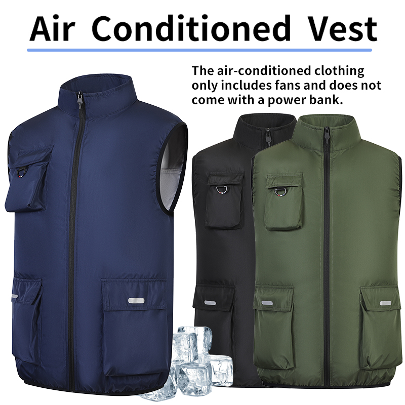 Koelende airco-werkkleding: Vest met grote zakken en USB-ventilator voor continue koeling in warme buitenwerkomgevingen