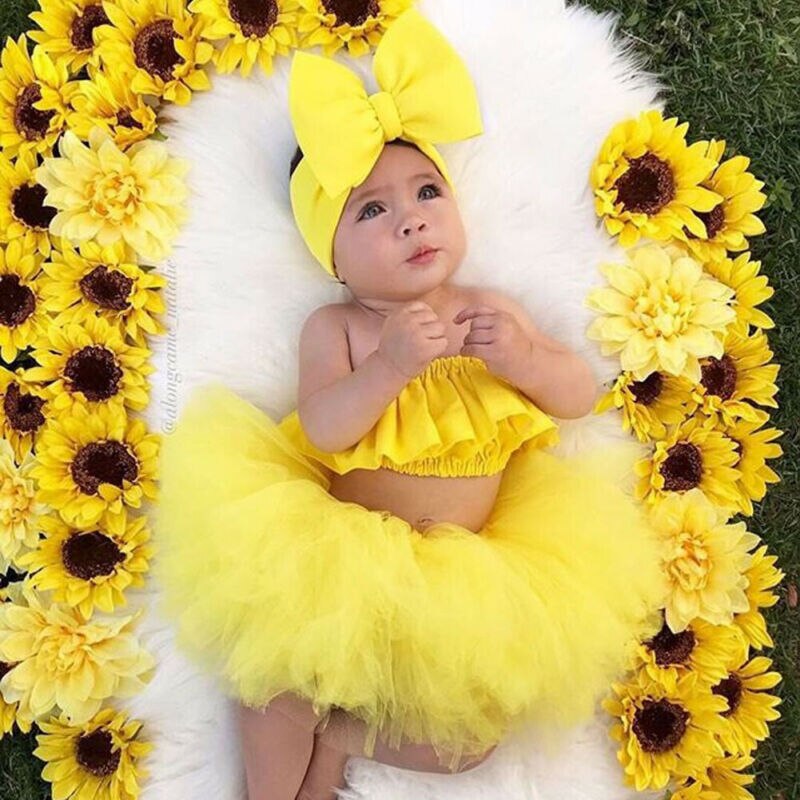3 stk toddler kids baby girl outfits tøj sæt gule ærmeløs vest toppe + tutu nederdel + pandebånd sæt
