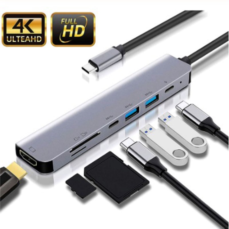 Share: favorito (610) 7 em 1 hdmi usb 3.0 porto universal docking station suporte tipo-c pd carga rápida 3 portas usb/hdmi/sd