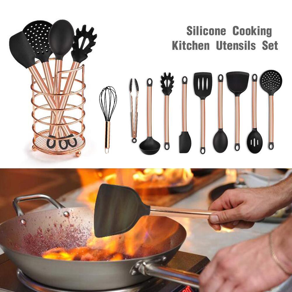 11PCs Silicone Cooking Utensils Set Non-stick Spatula Shovel Copper Plated Handle Cooking Tools Set Kitchen Tools Kitchenware