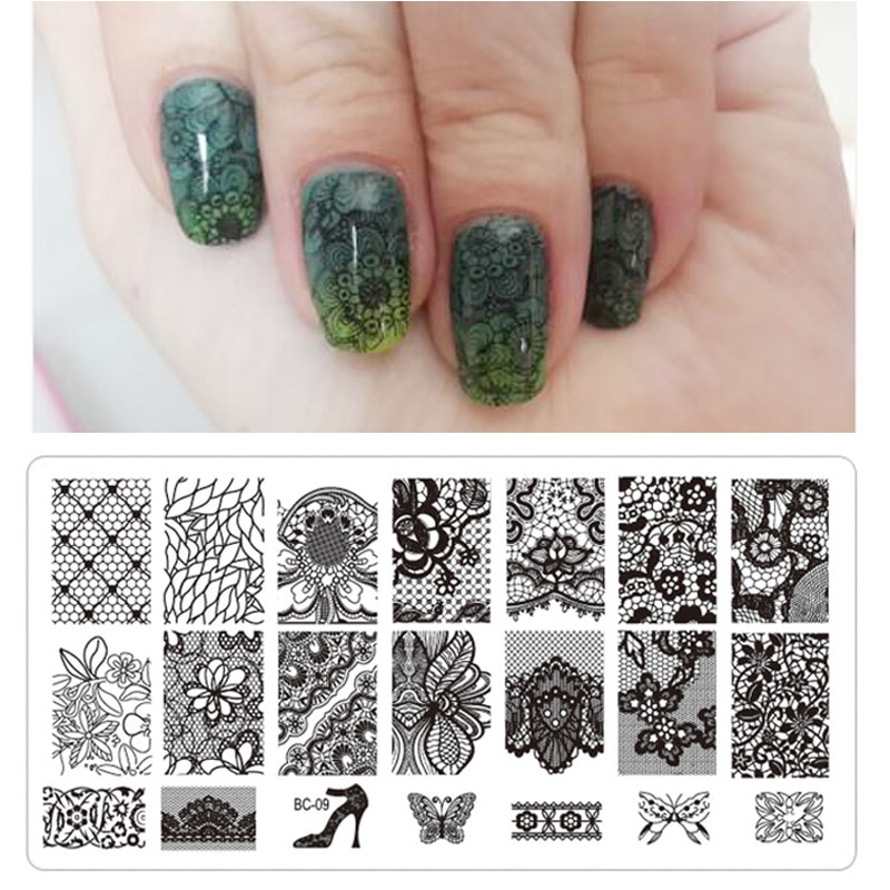 1 pièces noir fleur dentelle 6*12cm ongles estampage plaques Nail Art manucure modèle ongles timbre outils