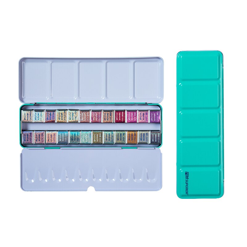 Superieure 12/24/48 Kleuren Glitter Aquarel Verf Effen Kleuren Kunstenaar Aquarel Schildert Roze Draagbare Metal Case Met Palet: 24 colors green box