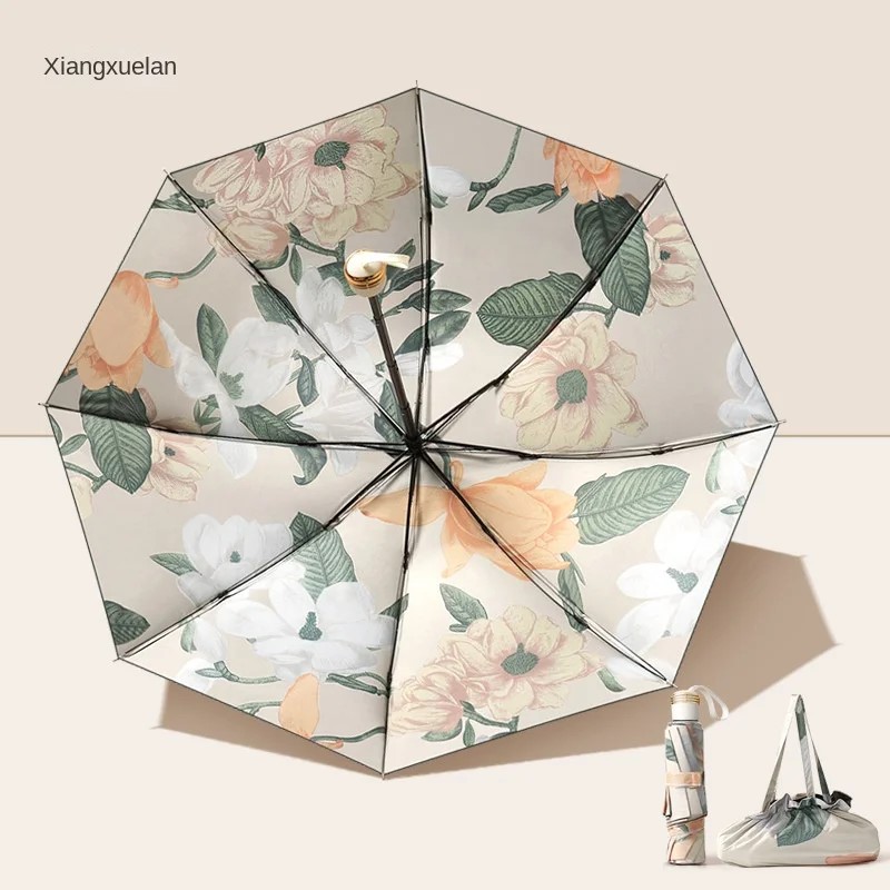 Folding Umbrella - 48-53cm Radius - Oil Painting Print - Anti-UV Sun Protection - Black Coating Fabric: Orange