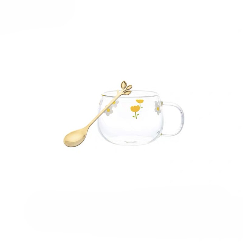 Japansk genomskinlig blomma glas mjölkkopp med sked och fat set kaffe frukost mugg dessert tallrik söt enkel tekopp: B med sked