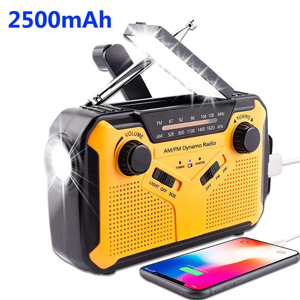 Portable Radio FM AM Hand Crank Emergency Receiver Reading Lamp Flashlight Solar Charging 2500mAh Power Bank For Mobile Phone