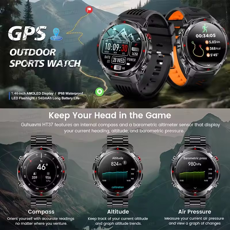2025nuovo GPS sport Astuto Della Vigilanza Degli Uomini Bussola Altimetro Orologi Chiamata Promemoria Frequenza Cardiaca fitness 3ATM Impermeabile Smartwatch Esterno