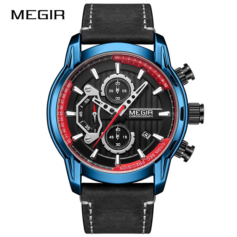 Megir sporthorloges voor heren, waterdicht, lichtgevend, herenhorloge, leren chronograaf, quartz, legerhorloge, herenhorloge: Blauw