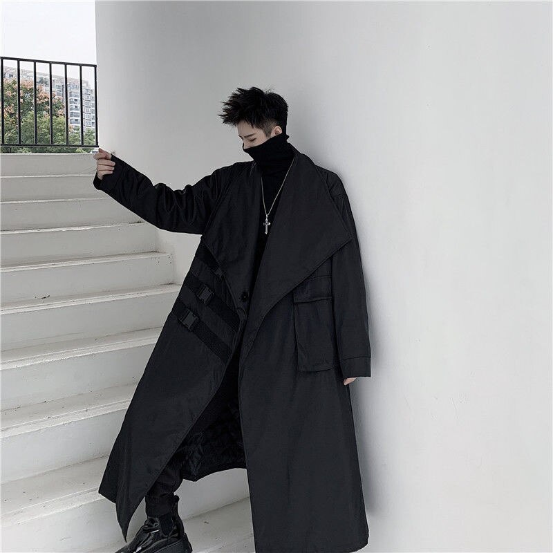 IEFB-gabardina larga negra con solapa grande para hombre, abrigo con mosquetón decorativo con bolsillos, holgado, cortavientos de gran tamaño, novedad de otoño, 9Y4708, 2022: M