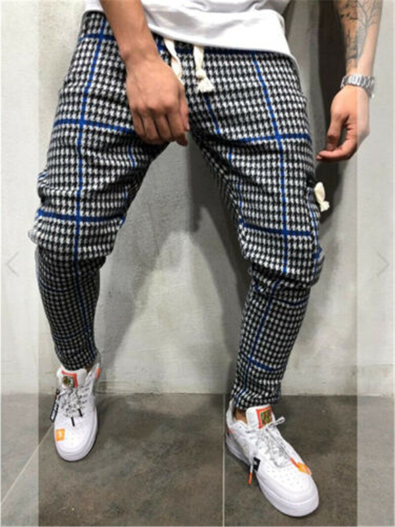 Pantalon Long à carreaux pour hommes, de , style Hip Hop, Harem élastique, printemps automne,: L / Bleu