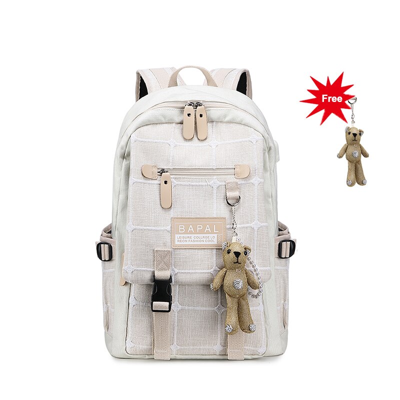 Grote rugzak voor dames van canvas, 15.6 inch, voor de middelbare school, met usb-oplaadpoort, lichtgewicht reistas voor dames: Roomwit