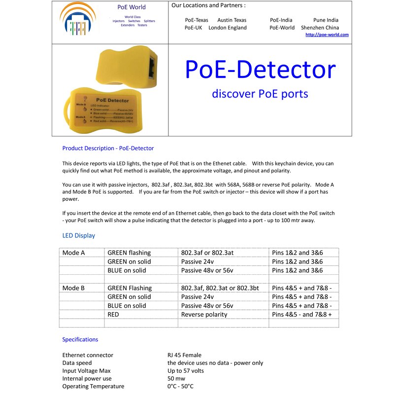 PoE Detector PoE Quickly identify Power over Ethernet with RJ45 indicates passive /802.3af/at; 24v/48v/56v used for PoE Injector