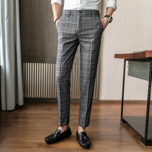 British Formal Suit Pants Men's Brown Classic Plaid Suit Pants Men's Casual Business Slim Office Work Pants Pants: gray / 33