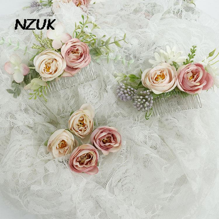 Nzuk Handgemaakte Bruiloft Haar Sieraden Bruids Haar Kam Dusty Rose Bloemen Hoofddeksel Accessoires Peigne Cheveux Mariage