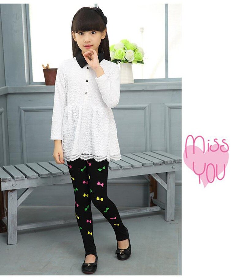 Primavera otoño chicas Leggings Skinny niños gato niños pantalón negro mallas de algodón pantalones gato patrón para flores niñas lazo elástico: bow / S(80-105CM)