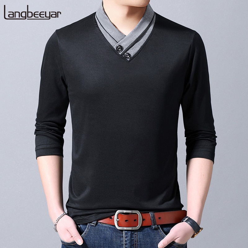 neue T Shirt Herren V Nacken Straße Tragen Spitzen Tendenzen Schwarz schlank passen Coole Koreanische Lange Hülse t-Hemden Männer Kleidung