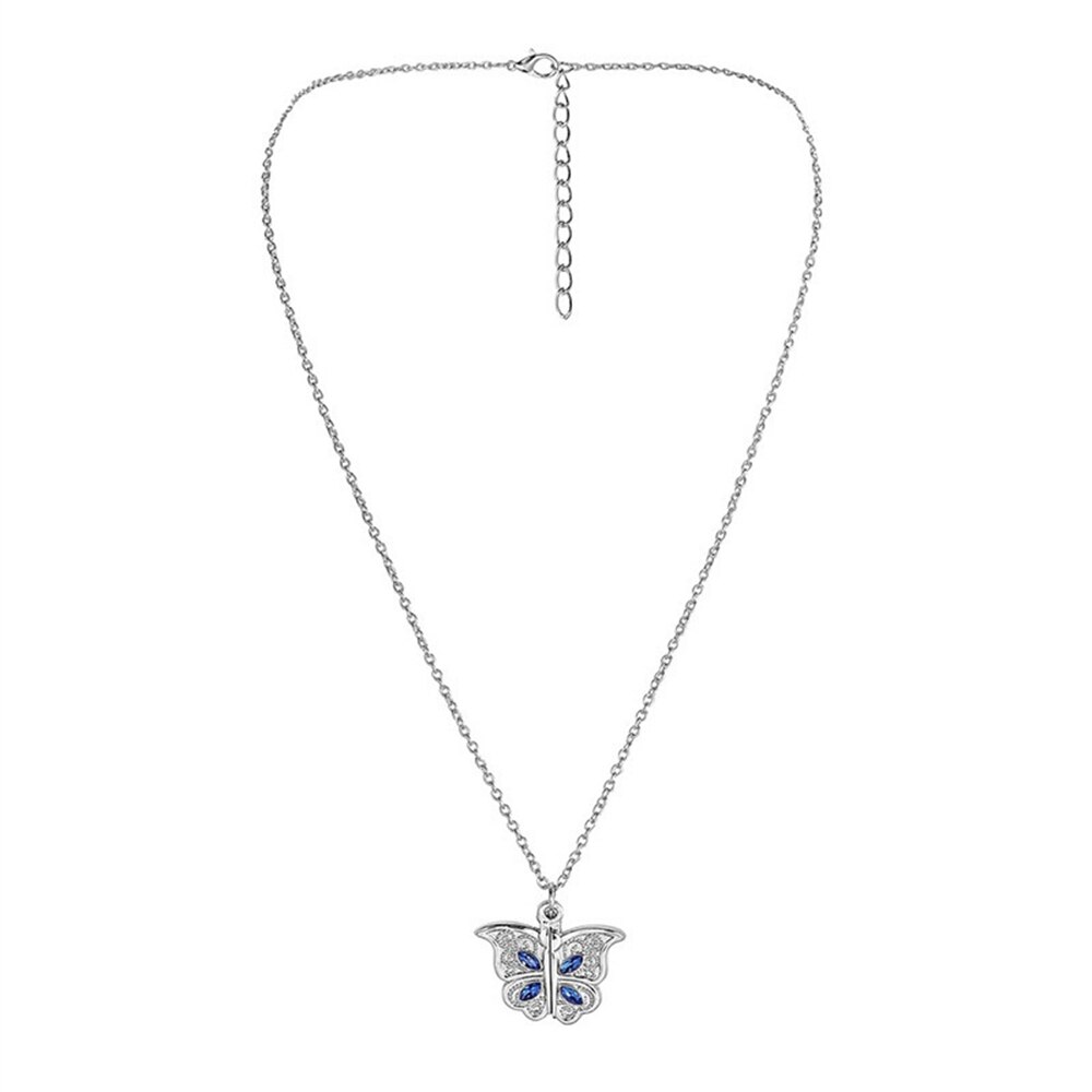 I Love U Elegante Vlinder Blauw Kristal Hanger Ketting Prachtige Mode Vrouwen Ketting Party Accessoires Anniversary: Silver