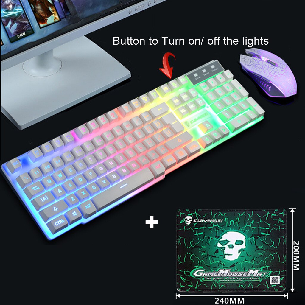 T6 Rainbow Backlight Usb Ergonomic Gaming Keyboard and Mouse Set for PC Laptop 2400DPI +104 full-size gaming keyboard set: WH