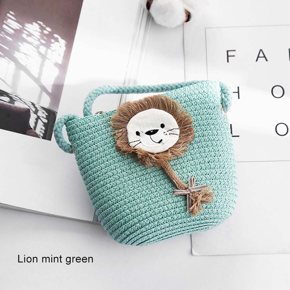 Girls Mini Handbag Handmade Straw Tote Large Capacity Summer Beach Shoulder Bag Party Shopping Best -WT: green  lion