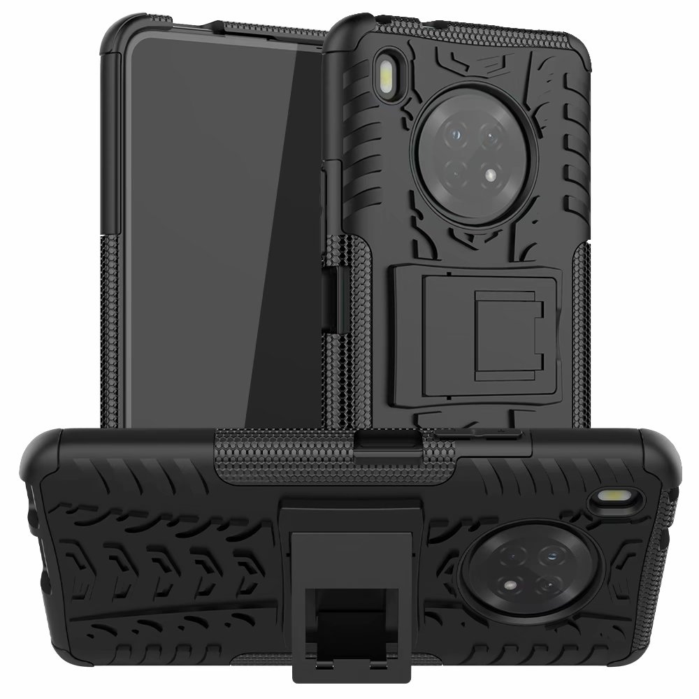 For Huawei Y9a Hard Case + Tempered Glass Hybrid Armor Soft Heavy Duty Stand Protection Enjoy 20 Plus 5G Silicon Cover: Black / Case and Tem glass