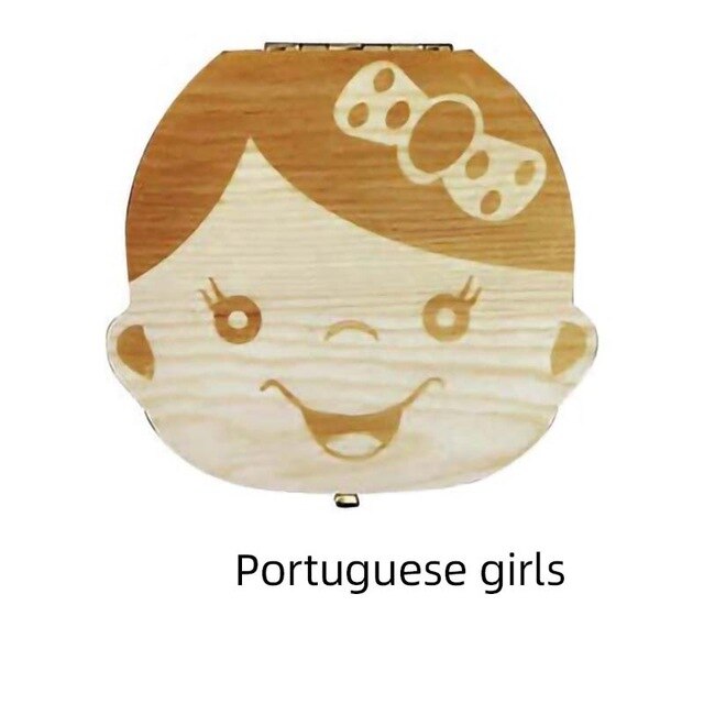 Wooden Baby Tooth Box Spanish/English/Dutch/Russian/French /Italian Wooden Milk Teeth Organizer Storage Boys Girls Baby Souvenir: Portuguese girl