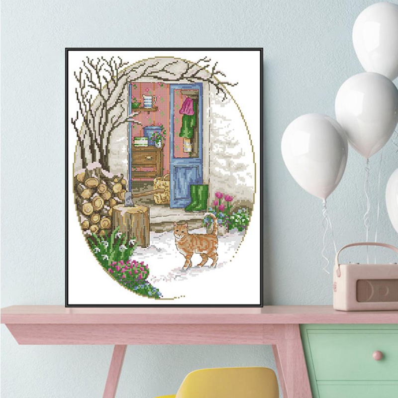 Cross Stitch Stamped Kits 14CT Printed Embroidery Cloth Needlepoint Kits Easy Patterns for Cat in Front of the Door