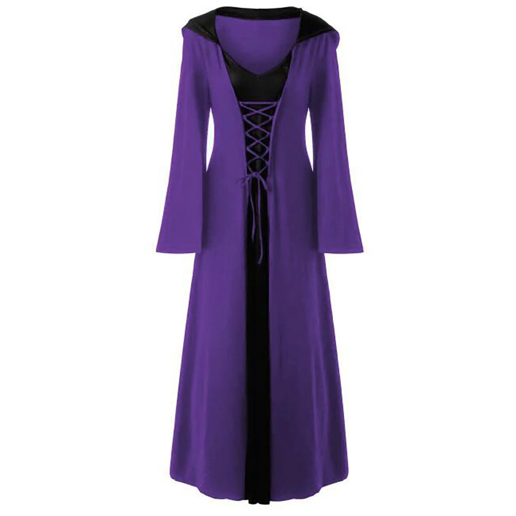 Medieval Dress For Women Lace-up Vintage Hooded Cloak Robe Adult Costume Retro Cosplay Halloween Scary Vampire Witch Long Dress: M / PURPLE