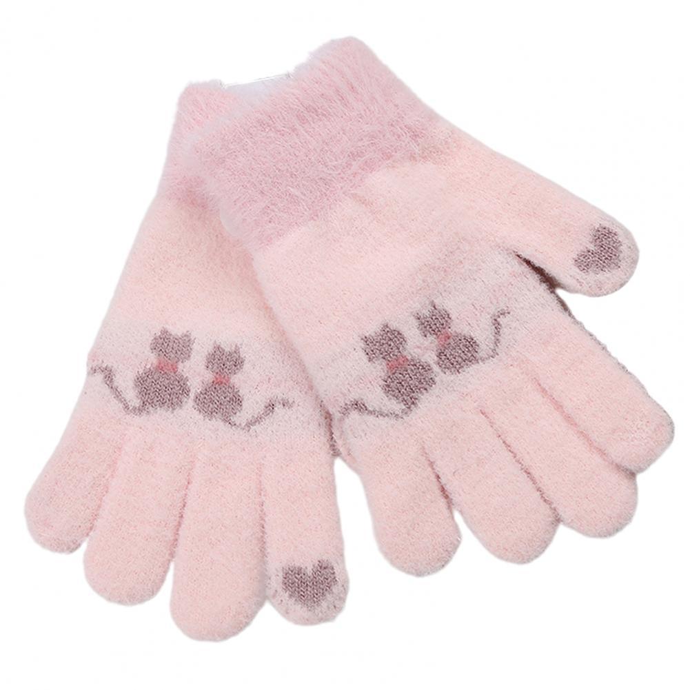 Teenagers Kids Winter Warm Leuke Kat Patroon Volledige Vinger Jacquard Gebreide Handschoenen