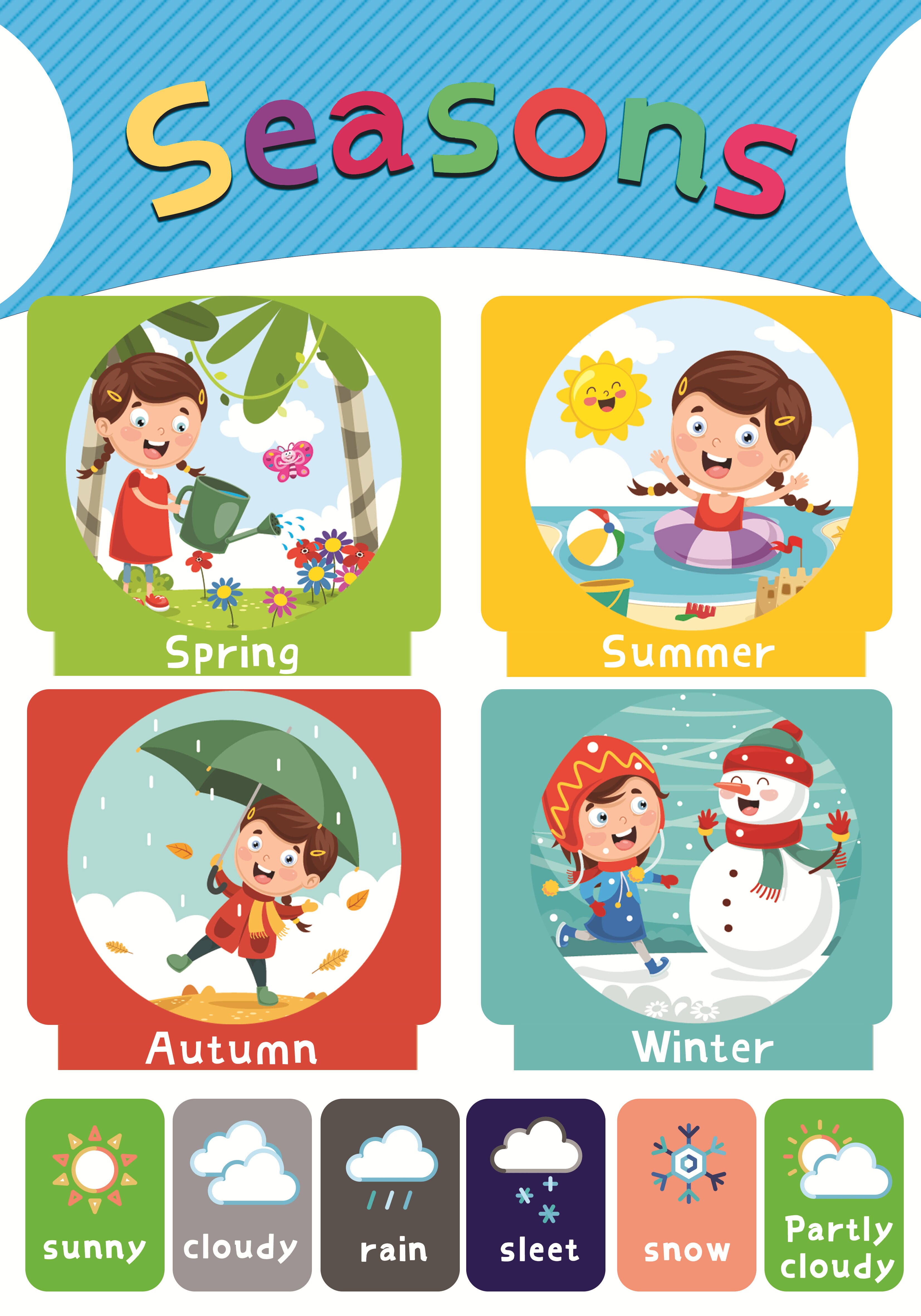 1Pcs 40X28Cm Materials for Children's Primary Education Paper Alphabet,number,color,seasons,farm Animals,solar System: Seasons