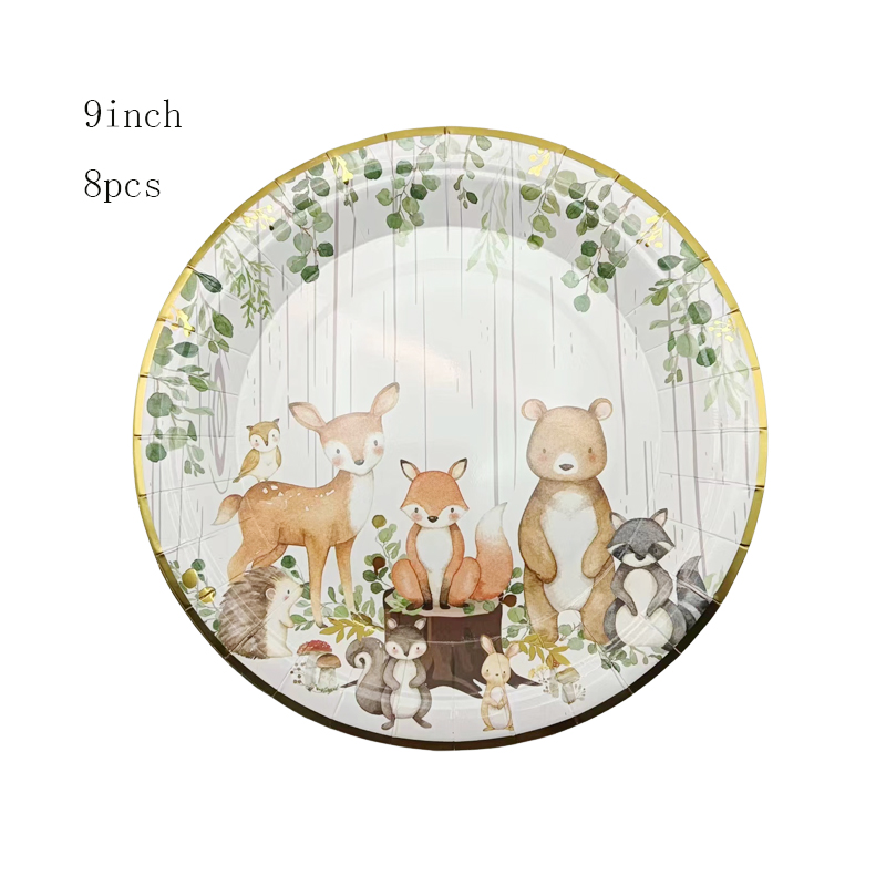 8Pcs Stamped Little Fox Disposable Paper Plate Cup Happy Birthday Picnic Party Baby Shower Jungle Party Decorative Supplies: Light Grey