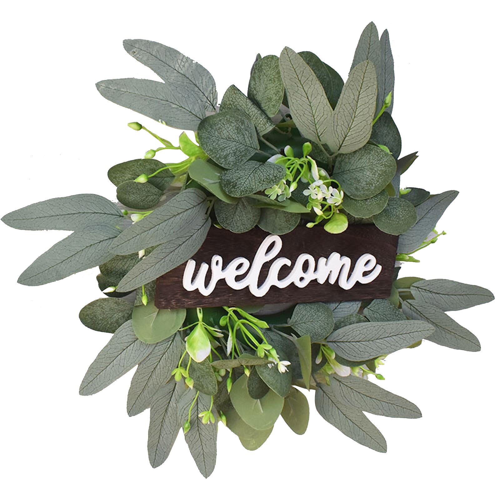 Artificial Green Eucalyptus Wreath,15 Inches Greenery Wreath With Clusters Of White Flowers Mini Spring/summer Wreath For Front: B