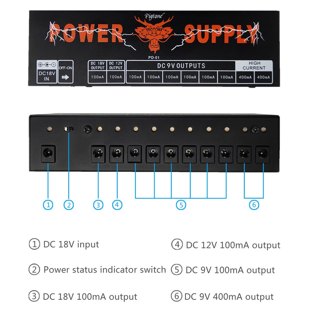 Pigtone PD-01 Power Supply 10 Lsolated Outputs 9V 12V 18V for Guitar Effects Pedal