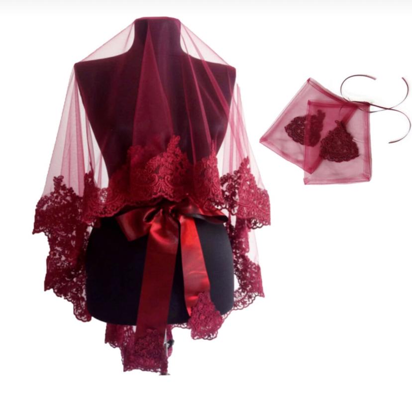 Ensemble voile henna pour mariée, accessoire de nuit pour mariage, dentelle élégante, guipure, couleur bordeaux rouge, pour femmes,: Burgundy