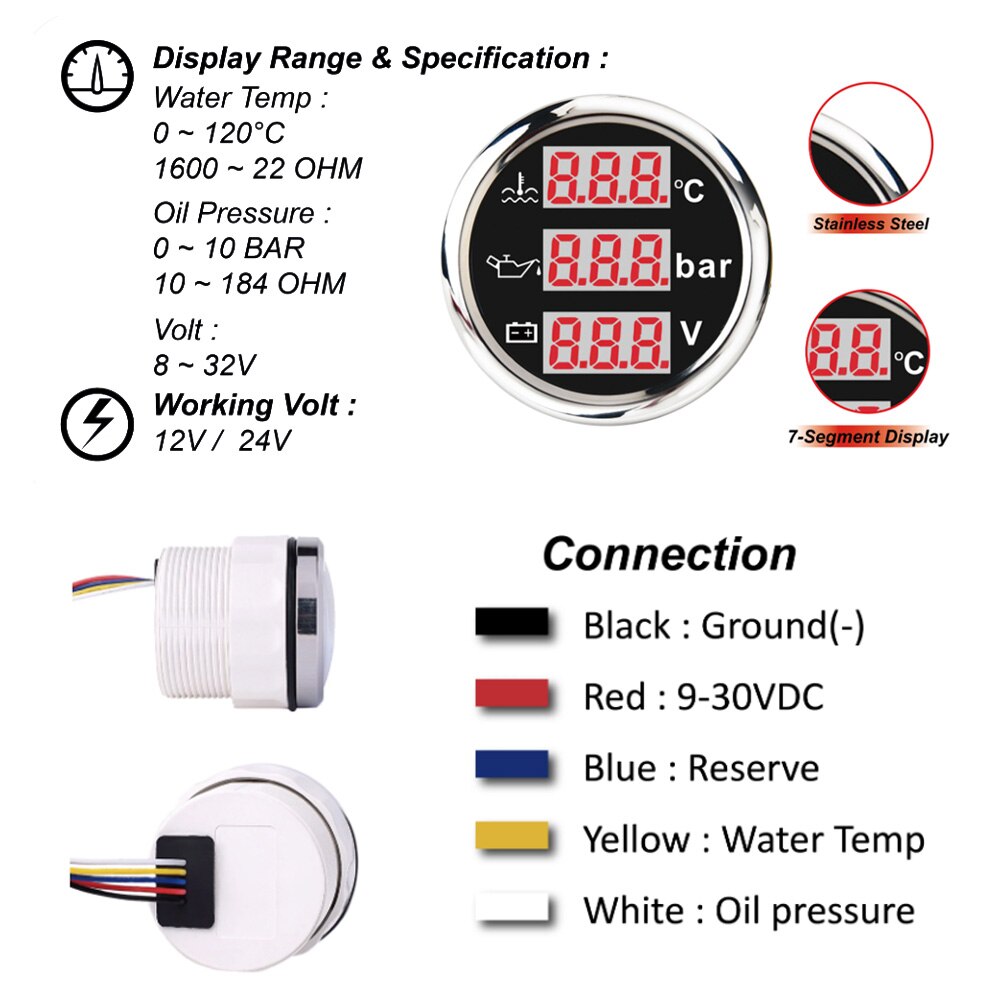 Boat Multi-Function Digital Gauge 3 in 1 Water Temp Oil Pressure Voltmeter With Alarm Red Backlight Meter For Car Boat Universal