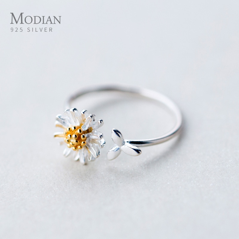 Modian Cute Tiny Daisy and Leaves Genuine Sterling Silver 925 Ring for Women Open Adjustable Plant Ring Fine Jewelry