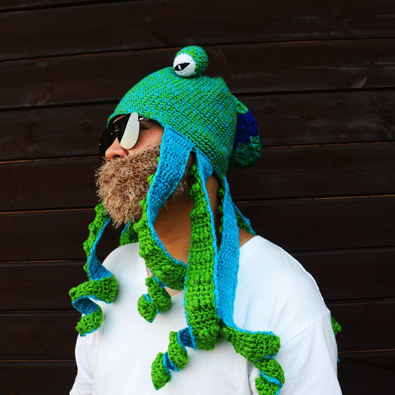 Gorro de lana tejido a mano para hombre, gorro con barba de pulpo, divertido, para de Cosplay, para invierno