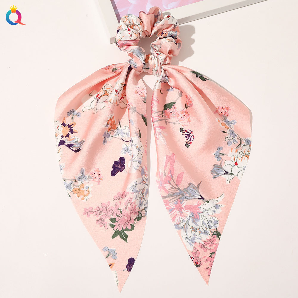 Floral Print Scrunchies Chiffon Bow Elastic Hair Bands Women Hair Ties Rubber Bands Ponytail Scarf Hair Accessories: Blue